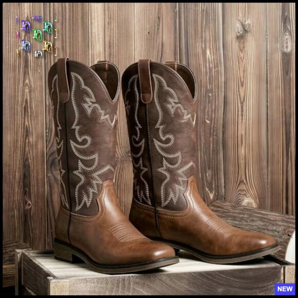 Square Toe Mid Calf Cowboy Boots Embroidered Western Fashion Chunky Heel - Picture 3 of 7